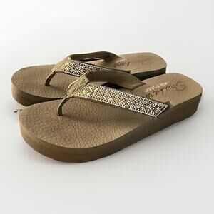 Skechers Yoga Foam Wedge Flip Flops Sandals Rhinestone Beaded Thong Wo Size 8.5